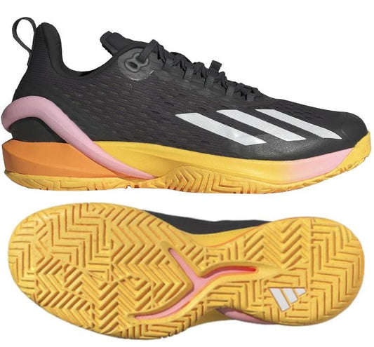 The ADIDAS Adizero Cybersonic Men's Tennis Shoes feature a stylish Aurora Black design with Zero Metallic accents, complemented by a vibrant Spark-colored sole. The lightweight, breathable upper ensures comfort, while the bottom view showcases a detailed herringbone tread pattern and iconic adidas branding.