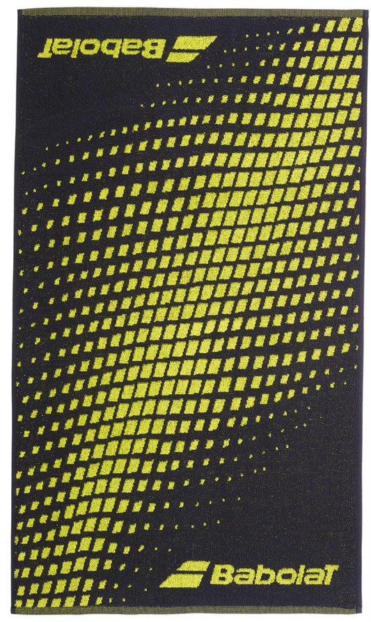 The Babolat Medium Towel - Aero / Grey is a soft cotton, rectangular tennis towel featuring the Babolat logo and name—ideal for adding style and function to your tennis gear.