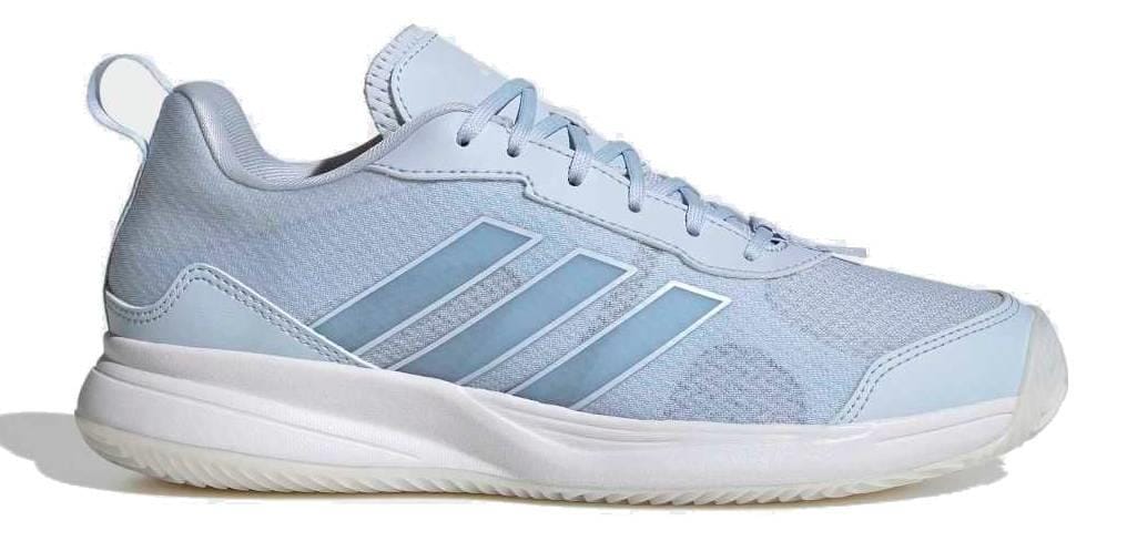 The adidas ADIDAS AvaFlash Womens Tennis Shoes - Blue feature a white sole, lace-up design, and signature three blue stripes, offering lightweight comfort and style. Shown on a white background.