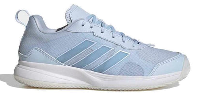 The adidas ADIDAS AvaFlash Womens Tennis Shoes - Blue feature a white sole, lace-up design, and signature three blue stripes, offering lightweight comfort and style. Shown on a white background.