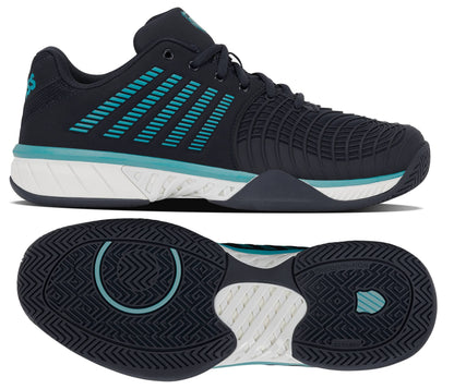 Introducing the K-Swiss Express Light 3 Men's Tennis Shoes in Carbon, White, and Baltic. This stylish black athletic shoe features turquoise (Baltic) accents and a textured upper. The side profile displays signature aqua stripes, while the sole showcases a patterned tread with crisp white details. Engineered with a K-EVA Midsole for enhanced cushioning, this K-Swiss design perfectly blends comfort and style for all your active pursuits.