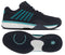 Introducing the K-Swiss Express Light 3 Men's Tennis Shoes in Carbon, White, and Baltic. This stylish black athletic shoe features turquoise (Baltic) accents and a textured upper. The side profile displays signature aqua stripes, while the sole showcases a patterned tread with crisp white details. Engineered with a K-EVA Midsole for enhanced cushioning, this K-Swiss design perfectly blends comfort and style for all your active pursuits.