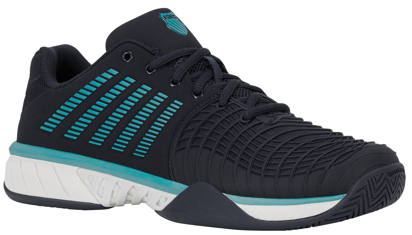 The K-Swiss Express Light 3 Men's Tennis Shoes in Carbon, White, and Baltic feature a black athletic design with teal and white accents, including horizontal teal stripes on the side, a textured DuraWrap Flex pattern for added durability, and a K-EVA midsole with white and teal detailing near the arch.