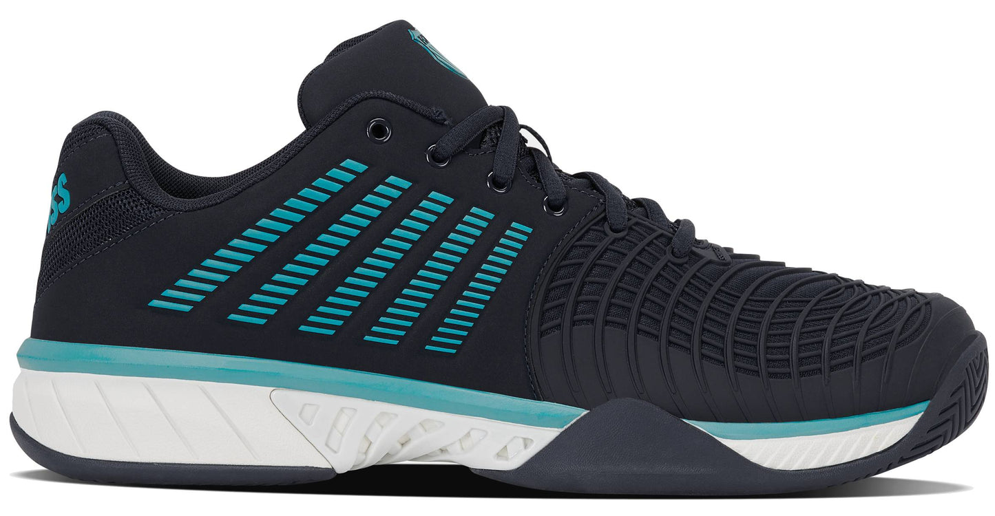 The K-Swiss Express Light 3 Men's Tennis Shoes in Carbon, White, and Baltic feature a black design with turquoise stripes, turquoise accents on the midsole, a white outsole, and black laces. Seen from the side, these performance tennis shoes are engineered with durable DuraWrap Flex overlays and a supportive K-EVA midsole to deliver lasting comfort both on and off the court.