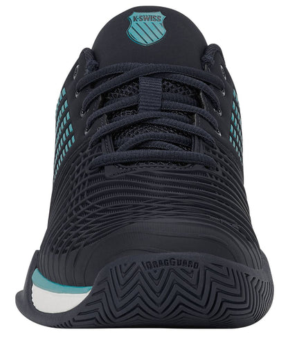 K-Swiss Express Light 3 Men's Tennis Shoe in Carbon/White/Baltic, viewed from the front, features teal accents, textured laces, mesh details, and “DRAGGUARD” branding on the rubber sole. This design includes a supportive K-EVA midsole for enhanced comfort and DuraWrap Flex technology for added durability—making these K-Swiss tennis shoes built to last.