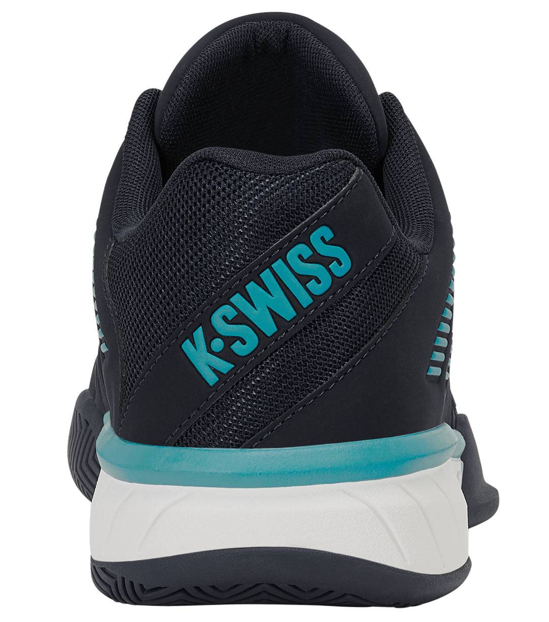 Rear view of the K-Swiss Express Light 3 Men's Tennis Shoe in Carbon/White/Baltic, featuring black uppers with teal (Baltic) accents and the "K-SWISS" brand name in teal on the heel, above a white and teal K-EVA midsole designed for enhanced cushioning.