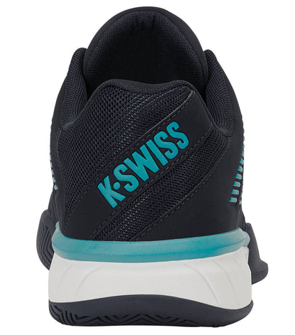 Rear view of the K-Swiss Express Light 3 Men's Tennis Shoe in Carbon/White/Baltic, featuring black uppers with teal (Baltic) accents and the "K-SWISS" brand name in teal on the heel, above a white and teal K-EVA midsole designed for enhanced cushioning.