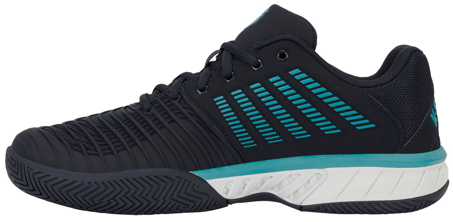 A side view of the K-Swiss Express Light 3 Men’s Tennis Shoes in Carbon/White/Baltic, featuring a black upper with teal accents, teal-striped detailing on the side, black laces, and a white and teal sole with a K-EVA midsole for enhanced cushioning.