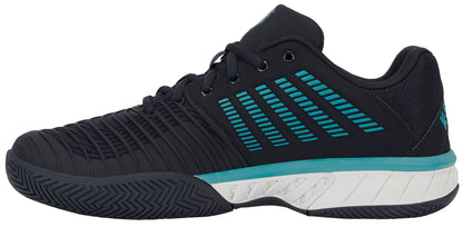 A side view of the K-Swiss Express Light 3 Men’s Tennis Shoes in Carbon/White/Baltic, featuring a black upper with teal accents, teal-striped detailing on the side, black laces, and a white and teal sole with a K-EVA midsole for enhanced cushioning.