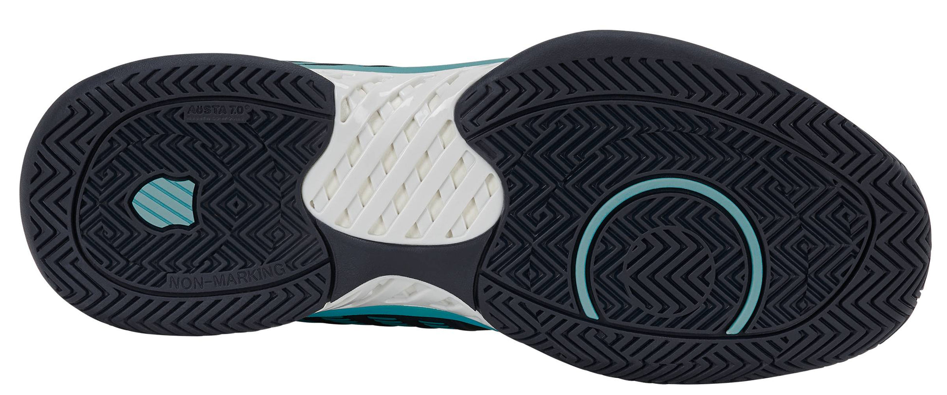 The image shows the sole of the K-Swiss Express Light 3 Men's Tennis Shoes in Carbon, White, and Baltic, featuring a black and teal color pattern with various geometric tread designs for grip. The shoe incorporates a K-EVA midsole for enhanced cushioning and durability.
