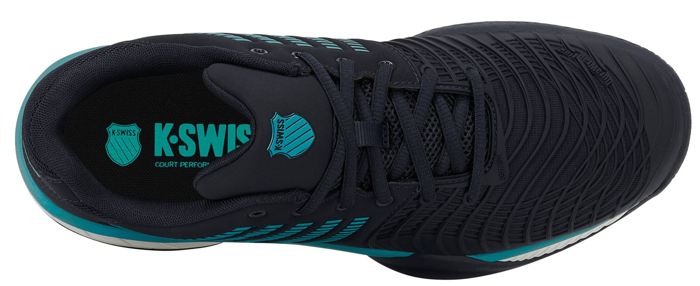 Top view of the K-Swiss Express Light 3 Men's Tennis Shoe in Carbon/White/Baltic, showcasing teal accents and K-Swiss branding on the insole and tongue, with textured details on the toe and side. Designed with a supportive K-EVA midsole for comfort and DuraWrap Flex technology for enhanced durability.