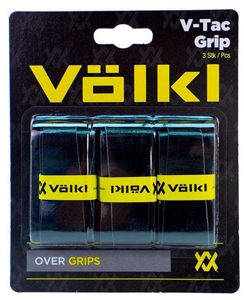 The Volkl V-Tac Tennis Overgrip - 3 Pack - Black comes in sleek black packaging adorned with yellow branding, featuring three ultra-thin rolls wrapped in plastic. Its highly tacky design ensures a superior grip on the court.