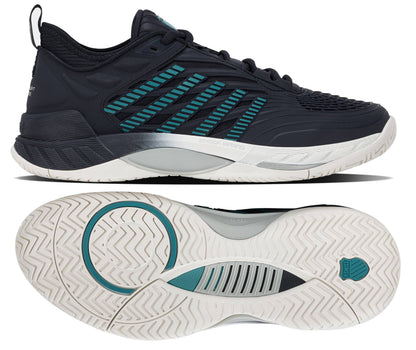 The K-Swiss Hypercourt Supreme 2 Men's Tennis Shoes in Carbon, White, and Baltic feature a high-performance design with black uppers, striking blue accents, and a white sole. Shown from both the side and bottom views, these shoes showcase signature striped detailing and a textured patterned outsole for enhanced drag protection—ideal for tennis players seeking durability and style.