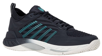 The K-Swiss Hypercourt Supreme 2 Men's Tennis Shoes in Carbon, White, and Baltic feature a sleek black design with teal accents and a white sole, showcasing modern striped side patterns and a high-performance Dragguard outsole for enhanced durability.