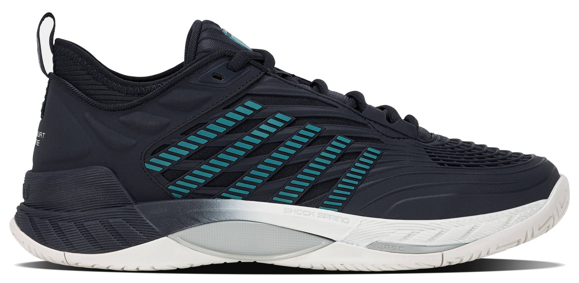 The K-Swiss Hypercourt Supreme 2 Men's Tennis Shoes in Carbon, White, and Baltic feature a dark athletic design with teal and gray accents, highlighted by horizontal stripes, a textured upper, and a white sole. These high-performance shoes from K-Swiss deliver exceptional drag protection for intense tennis matches.