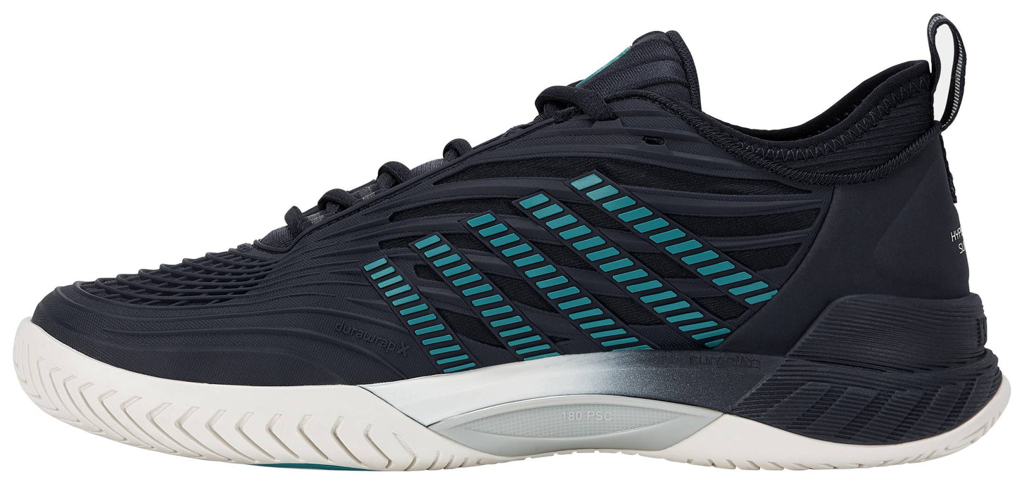 The K-Swiss Hypercourt Supreme 2 Men's Tennis Shoe in Carbon, White, and Baltic features a black athletic design with teal and blue stripes, a textured upper, a white sole, and a heel loop, shown here in left side profile. Engineered by K-Swiss as high-performance tennis shoes, this pair includes enhanced drag protection for added durability during intense matches.