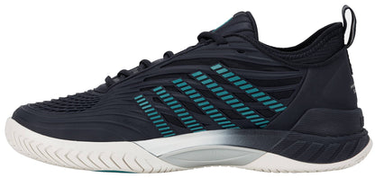 The K-Swiss Hypercourt Supreme 2 Men's Tennis Shoe in Carbon, White, and Baltic features a black athletic design with teal and blue stripes, a textured upper, a white sole, and a heel loop, shown here in left side profile. Engineered by K-Swiss as high-performance tennis shoes, this pair includes enhanced drag protection for added durability during intense matches.