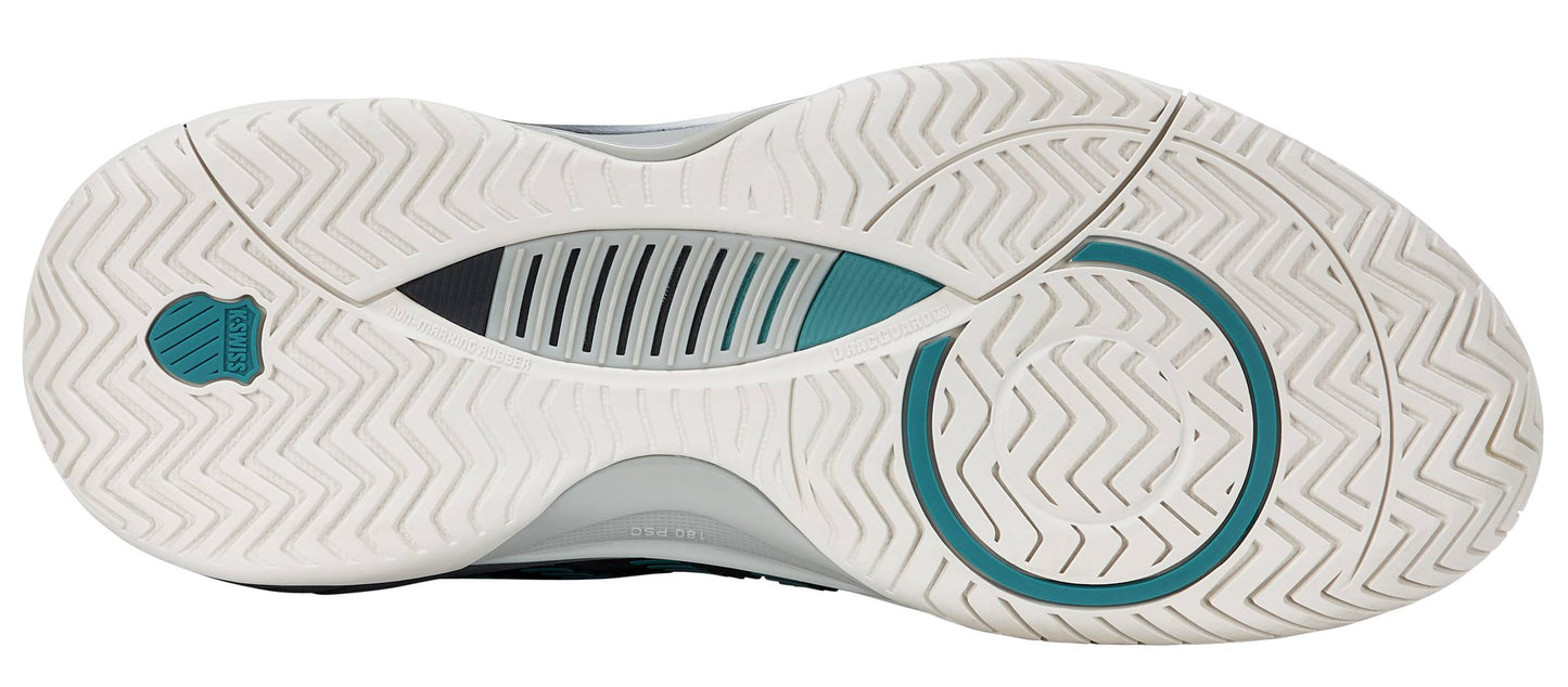 The image shows the white sole of the K-Swiss Hypercourt Supreme 2 Men's Tennis Shoes in Carbon/White/Baltic, featuring teal and gray accents with a circular pattern, drag protection, and a herringbone tread for superior grip.