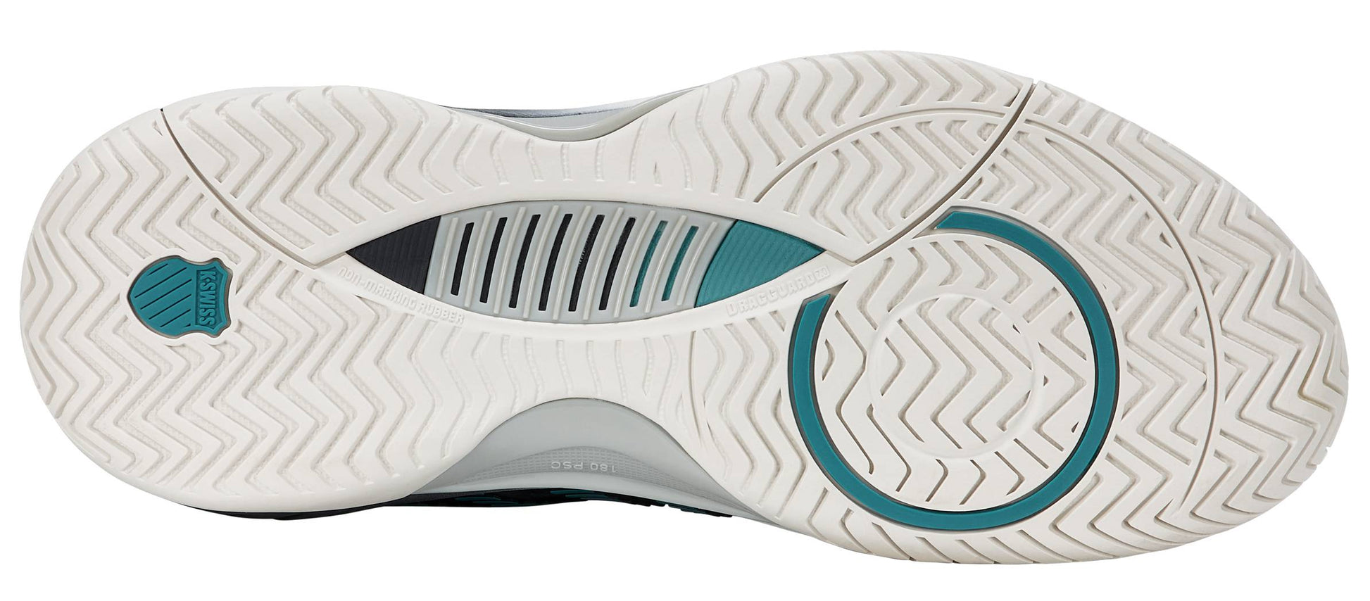 The image shows the white sole of the K-Swiss Hypercourt Supreme 2 Men's Tennis Shoes in Carbon/White/Baltic, featuring teal and gray accents with a circular pattern, drag protection, and a herringbone tread for superior grip.