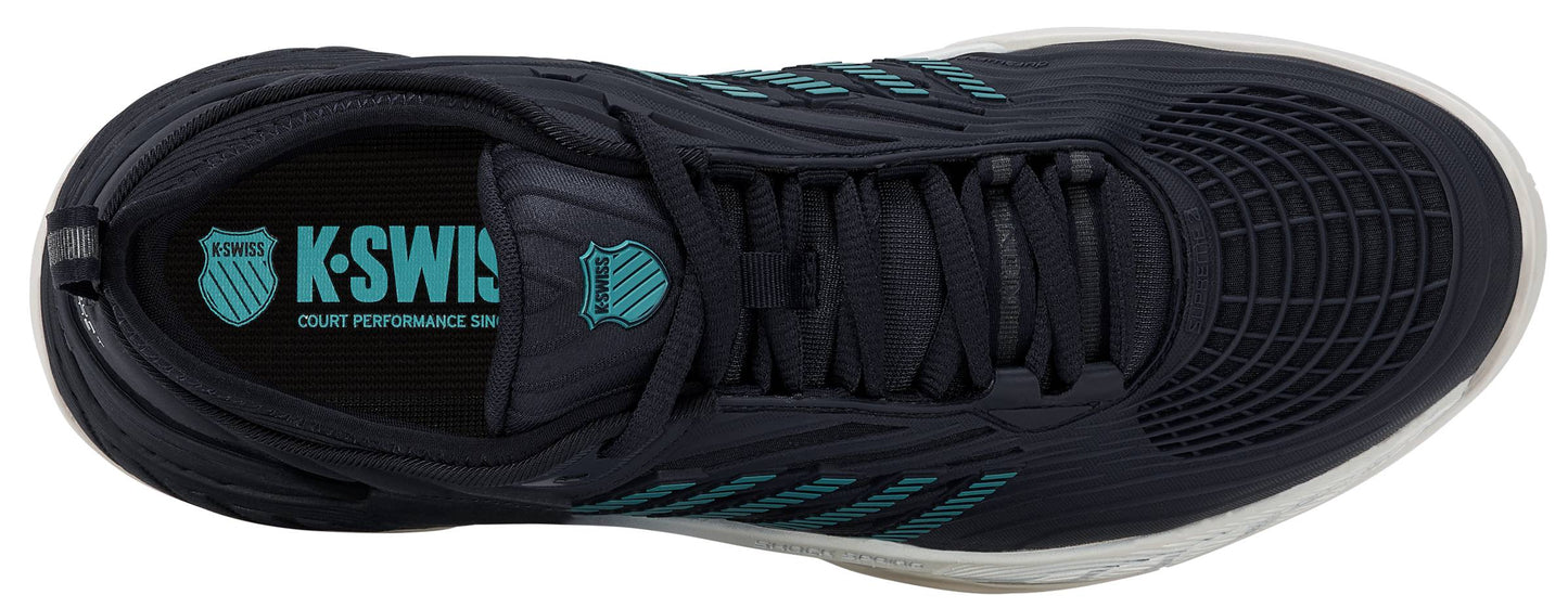 Top view of the K-Swiss Hypercourt Supreme 2 Men's Tennis Shoes in Carbon, White, and Baltic, featuring teal K-Swiss branding on the insole and tongue, with matching teal stripes on the side. Crafted as premium tennis shoes, this pair offers black laces, a durable white outsole, and enhanced drag protection for superior durability on the court.