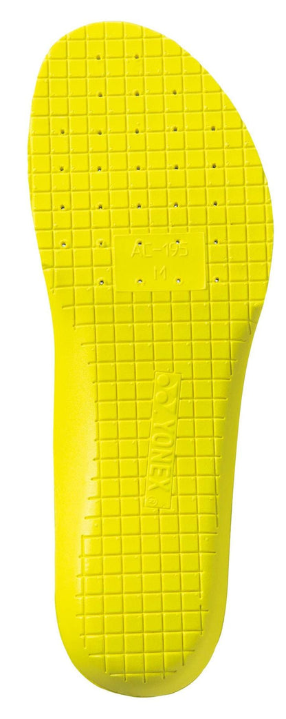 The Yonex AC195 Power Cushion+ Tennis Insoles feature a bright yellow design, grid texture, ventilation holes, and embossed branding and size info for enhanced shock absorption on the court.