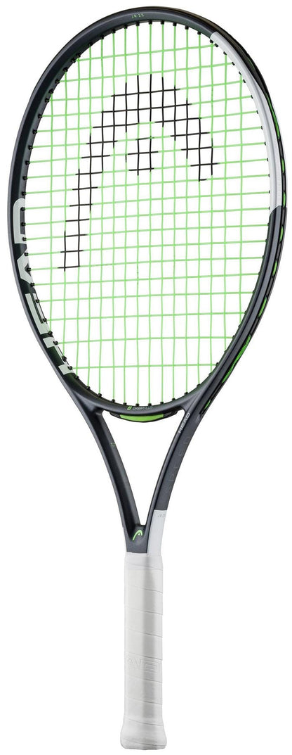 The HEAD IG Speed Junior 25 2026 Tennis Racket by HEAD is a black and white kids’ racket with green and black strings, shown on a white background. Made from lightweight graphite composite, it features a white grip wrap.