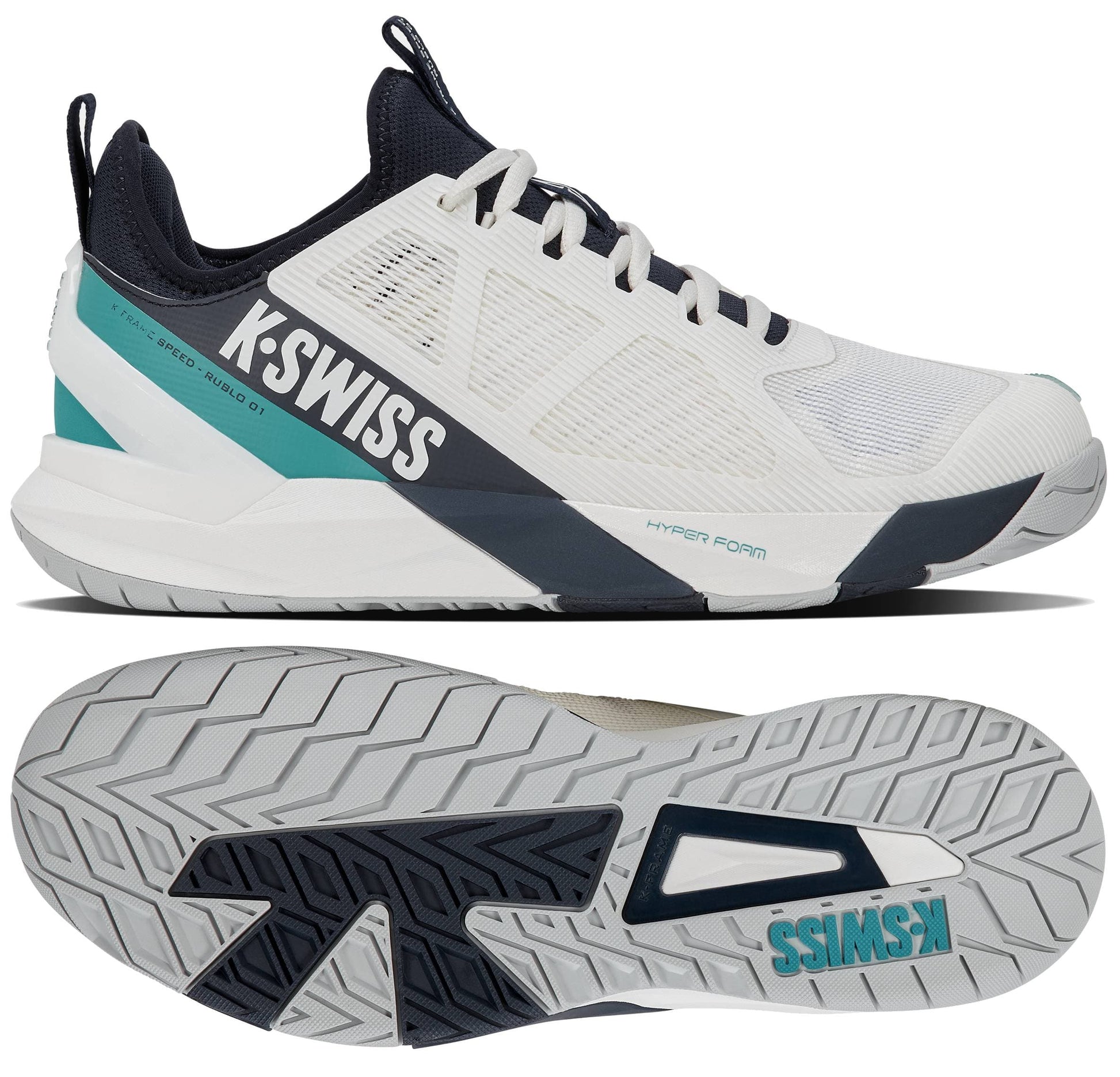The K-Swiss K-Frame Speed Rublo Men's Tennis Shoes in White, Carbon, and Baltic are shown from the side and bottom. The side view showcases bold "KSWISS" branding, teal accents, and the signature K-Frame support technology distinctive to K-Swiss. The sole features a textured tread displaying the K-Swiss logo, making these tennis shoes a popular pick among players such as Andrey Rublev.