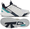 The K-Swiss K-Frame Speed Rublo Men's Tennis Shoes in White, Carbon, and Baltic are shown from the side and bottom. The side view showcases bold "KSWISS" branding, teal accents, and the signature K-Frame support technology distinctive to K-Swiss. The sole features a textured tread displaying the K-Swiss logo, making these tennis shoes a popular pick among players such as Andrey Rublev.
