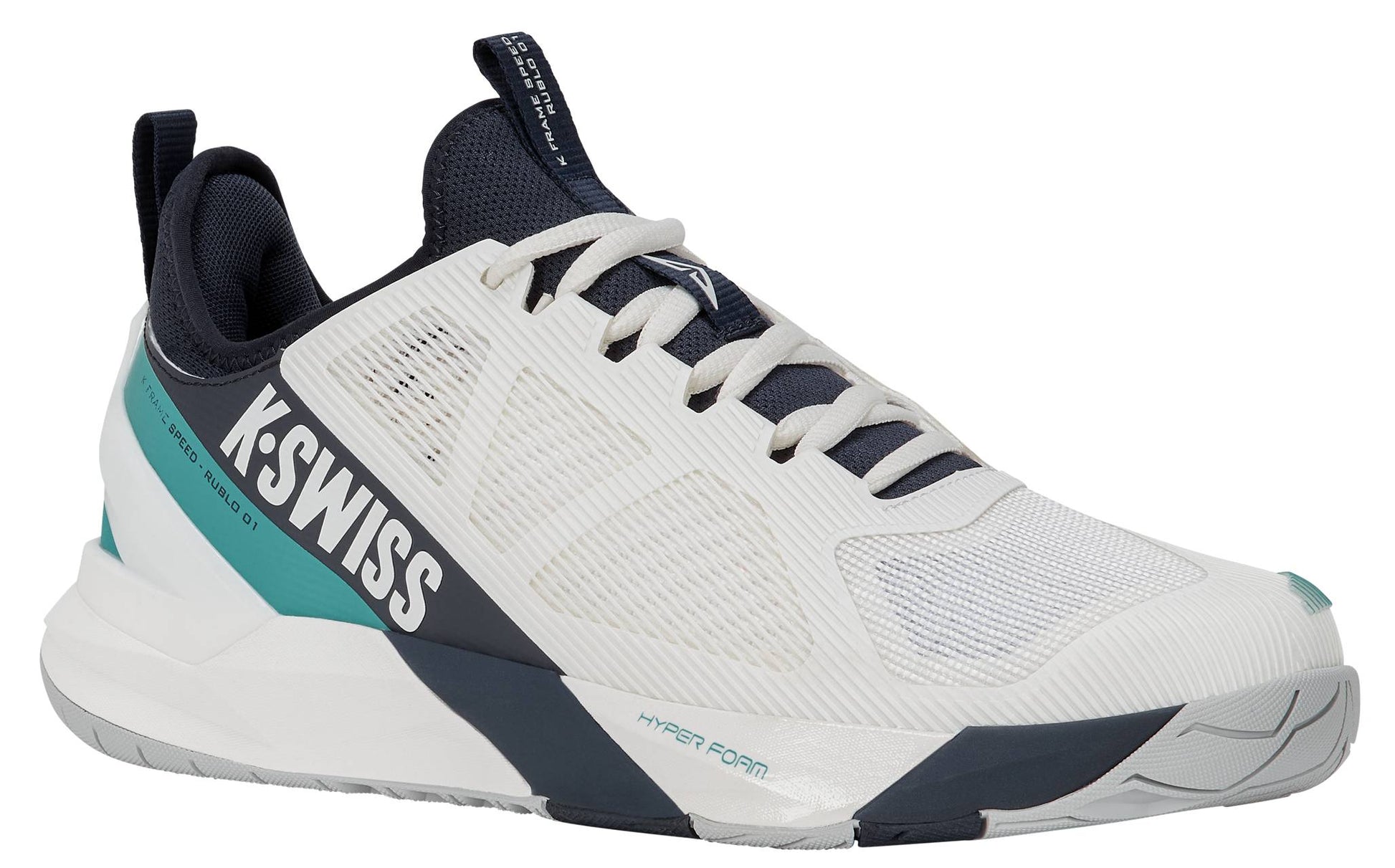 Step into performance with the K-Swiss K-Frame Speed Rublo Men’s Tennis Shoes in White, Carbon, and Baltic. These athletic sneakers feature a breathable mesh upper, lace-up closure, and eye-catching black (carbon), teal (baltic), and gray accents. Designed for stability with signature K-Frame technology—as worn by Andrey Rublev—these shoes sport a thick "Hyper Form" sole for added support. Bold K-Swiss branding stands out along the side for unmistakable style on or off the court.