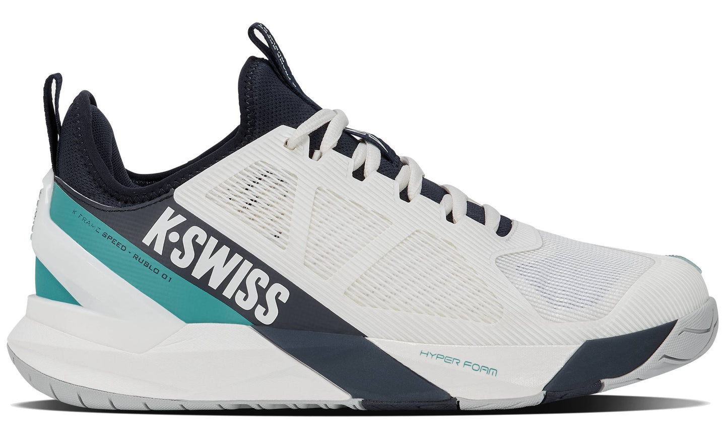 The K-Swiss K-Frame Speed Rublo Men's Tennis Shoes in White, Carbon, and Baltic feature mesh panels, bold "K-SWISS" side branding, and teal-inspired accents. Designed with a thick cushioned sole marked "HYPER FORM" and enhanced by K-Swiss's signature K-Frame technology for superior support, these shoes are an ideal choice for fans of top athletes like Andrey Rublev.