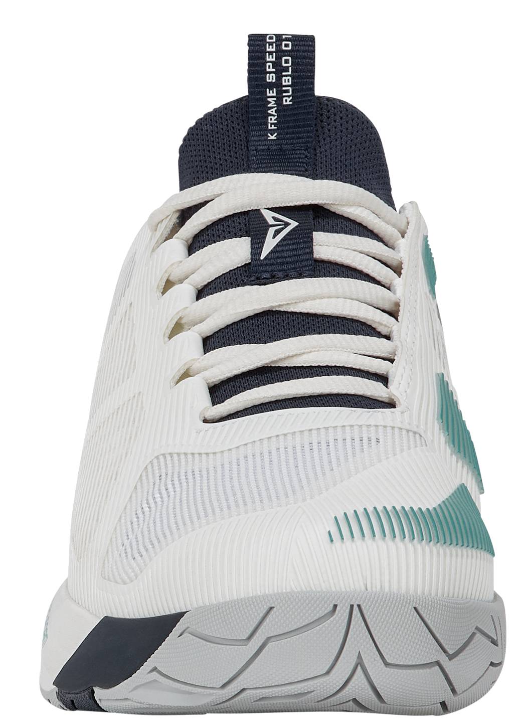 The K-Swiss K-Frame Speed Rublo Men's Tennis Shoes in White, Carbon, and Baltic are shown from the front view, featuring a white athletic silhouette with teal (Baltic) accents, a black tongue, and a patterned sole. The image highlights the laces and textured design details inspired by classic K-Swiss K-Frame tennis shoe heritage.