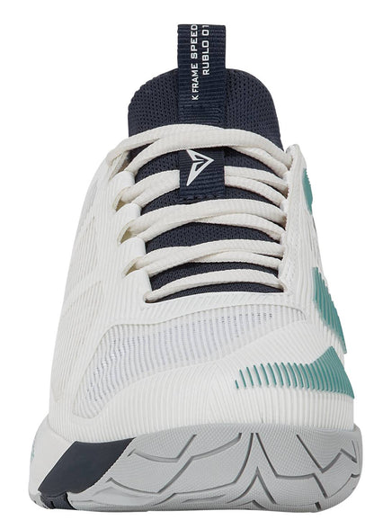 The K-Swiss K-Frame Speed Rublo Men's Tennis Shoes in White, Carbon, and Baltic are shown from the front view, featuring a white athletic silhouette with teal (Baltic) accents, a black tongue, and a patterned sole. The image highlights the laces and textured design details inspired by classic K-Swiss K-Frame tennis shoe heritage.