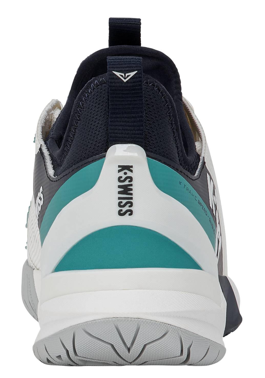Rear view of the K-Swiss K-Frame Speed Rublo Men's Tennis Shoes in white, carbon, and baltic, featuring a heel pull tab and prominent K-Swiss branding on both the heel and side. Drawing inspiration from Andrey Rublev’s energetic style of play, this model incorporates signature K-Frame technology to enhance support. The sole and tread pattern are partly visible at the bottom, reflecting the superior performance expected from premium tennis footwear by K-Swiss.