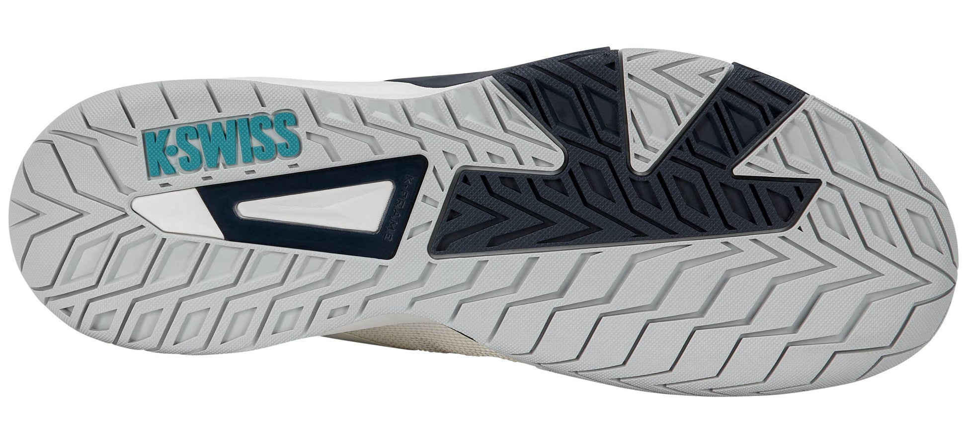 The sole of the K-Swiss K-Frame Speed Rublo Men's Tennis Shoes in White, Carbon, and Baltic boasts a grey and navy blue herringbone tread, complemented by black detailing and the K-Swiss logo in teal on the heel. Enhanced with advanced K-Swiss K-Frame technology for superior stability and performance, these shoes are ideal for players seeking inspiration from professionals like Andrey Rublev.
