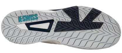 The sole of the K-Swiss K-Frame Speed Rublo Men's Tennis Shoes in White, Carbon, and Baltic boasts a grey and navy blue herringbone tread, complemented by black detailing and the K-Swiss logo in teal on the heel. Enhanced with advanced K-Swiss K-Frame technology for superior stability and performance, these shoes are ideal for players seeking inspiration from professionals like Andrey Rublev.