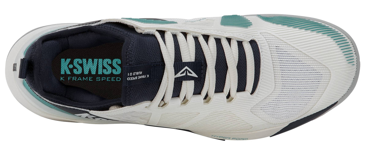 A top view of the K-Swiss K-Frame Speed Rublo Men's Tennis Shoes in White, Carbon, and Baltic shows a sleek athletic design with teal and black accents. Featuring a lace-up closure and prominent K-Swiss branding on the side and insole, these shoes are engineered with advanced K-Frame technology for superior support—the same performance trusted by professionals like Andrey Rublev.