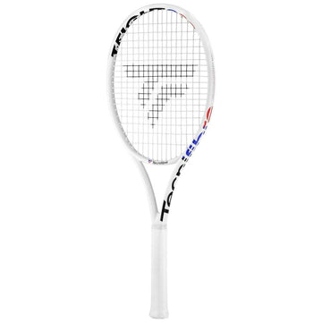 The Tecnifibre T-Fight 280 Isoflex Tennis Racket in white, showcasing a 100in² head size and a grid of strings along with sleek Tecnifibre brand logos on the frame, is displayed against a plain background. The handle, wrapped with white grip tape, highlights the precision inherent in the RS Section design.