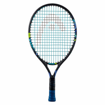 The HEAD Novak 19 Junior Tennis Racket in Black and Blue is perfect for young Novak Djokovic enthusiasts. It features a black frame with blue accents, a black grip, and distinctive white strings with a green pattern. The racket incorporates Damp+ insert technology to enhance performance, and the frame proudly displays visible HEAD branding.