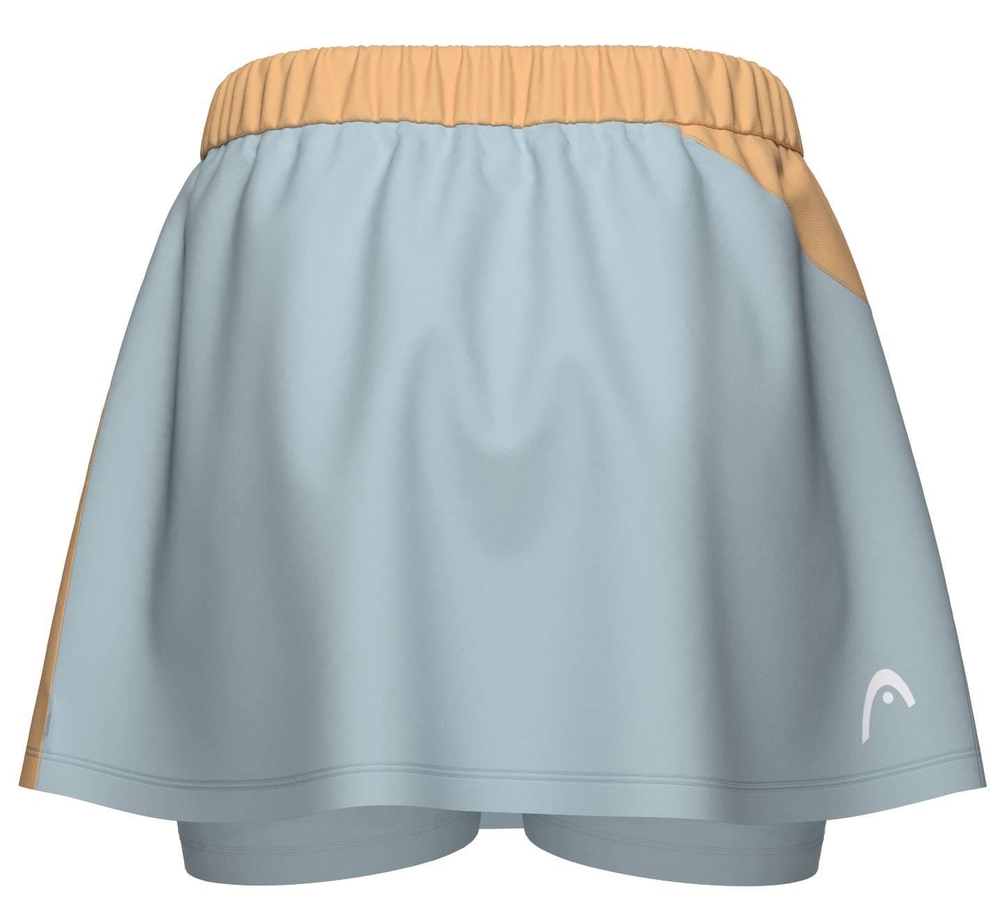 The HEAD Dynamic Womens Tennis Skort in Apricot/Light Blue features an elastic waistband, tan accents, a small white logo on the lower right hem, 4-way stretch fabric, and built-in shorts for comfort.