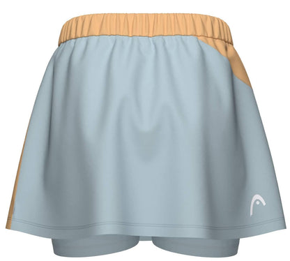 The HEAD Dynamic Womens Tennis Skort in Apricot/Light Blue features an elastic waistband, tan accents, a small white logo on the lower right hem, 4-way stretch fabric, and built-in shorts for comfort.