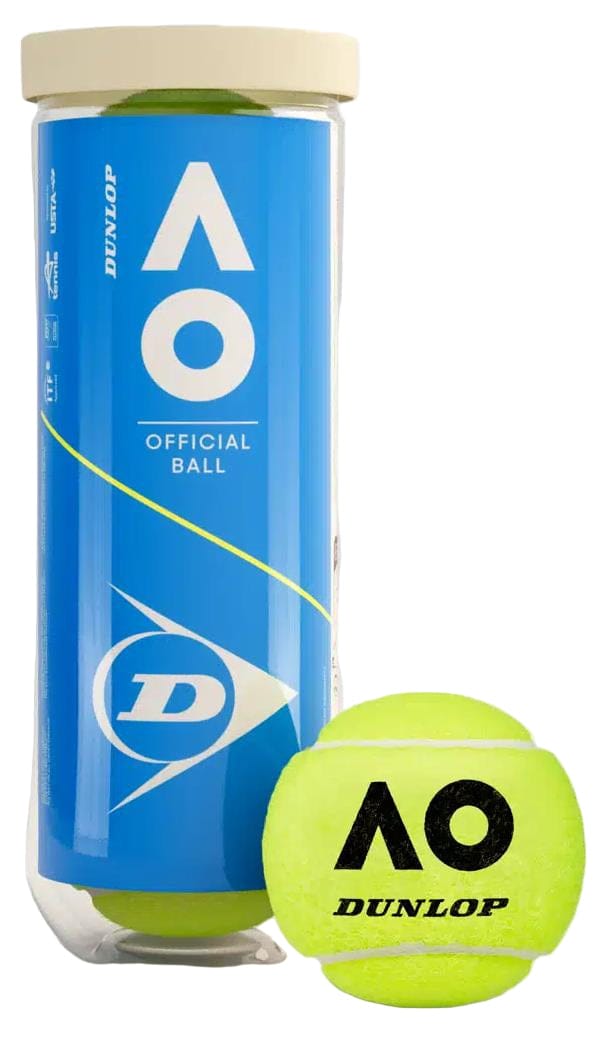 A tube of Dunlop Australian Open 2025 Tennis Balls stands upright beside a bright yellow tournament ball, both displaying AO and Dunlop logos for Grand Slam-level performance.