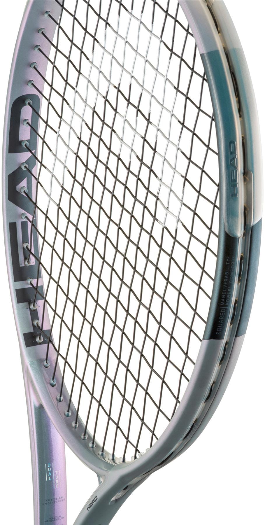 Close-up of the HEAD Squared Tennis Racket displays its strings and metallic frame, with "HEAD" printed vertically on the racket’s head, emphasizing its dual-tube technology design.