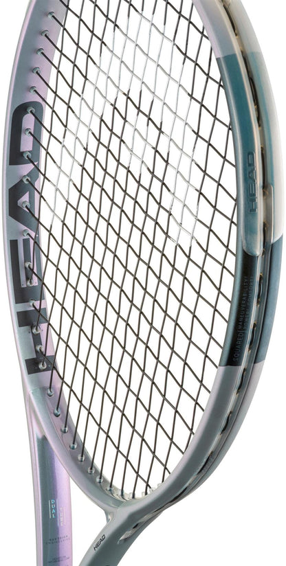 Close-up of the HEAD Squared Tennis Racket displays its strings and metallic frame, with "HEAD" printed vertically on the racket’s head, emphasizing its dual-tube technology design.