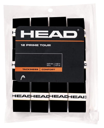 The HEAD Prime Tour Tennis Overgrip (12 Pack) in black provides super tacky, comfortable grips with "HEAD" in white for added feel. The clear package has a convenient ziplock closure.