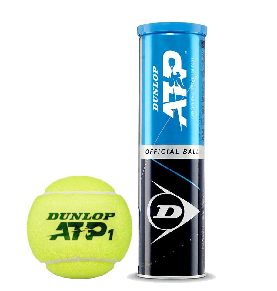 A tube of Dunlop ATP Official Balls - 4 Ball Tube is accompanied by a single yellow ball, inscribed with "Dunlop ATP." The tube showcases a striking mix of blue, black, and white adorned with the recognizable Dunlop logo. ITF Approved and crafted with HD Pro Cloth for top performance on the ATP World Tour.