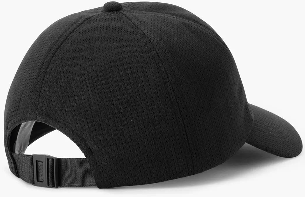 The Yonex 40125EX Tennis Cap in black is shown from the back, highlighting its lightweight, breathable mesh texture and adjustable strap with a plastic buckle. The curved brim appears partially on the right side.