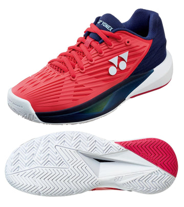 Geranium pink Yonex Power Cushion Eclipsion 5 Women's Tennis Shoes featuring white soles. The upper part of the shoe showcases the Yonex logo and a textured design, while the sole has a herringbone pattern for enhanced grip. Incorporating Yonex Power Cushion technology, one shoe is displayed from the side, and the other highlights the sole.