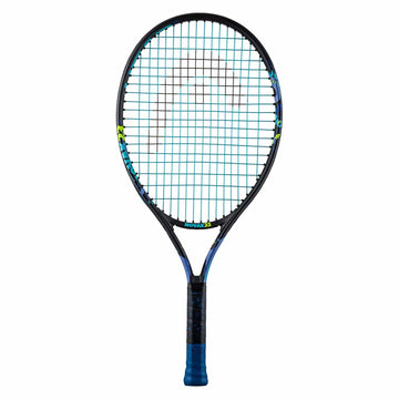 The HEAD Novak 23 Junior Tennis Racket, in black and blue, features a striking grid of blue strings. The frame is adorned with yellow accents reminiscent of Novak Djokovic's equipment and includes a logo at the top. It is designed with Damp+ technology for effective shock absorption. The handle is wrapped in a blue grip, all set against a plain white background.