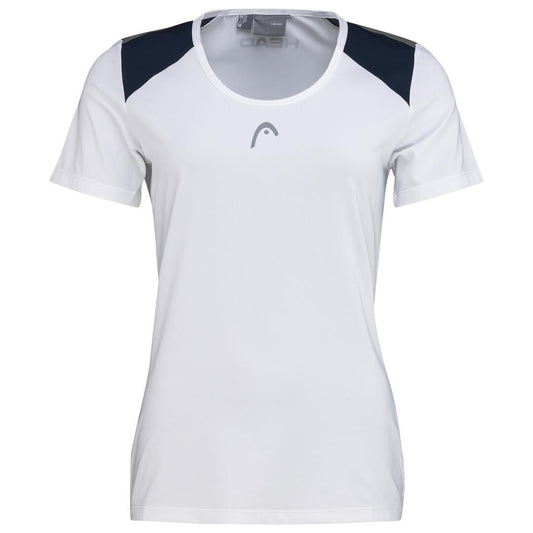 White tennis T-shirt with dark blue shoulder accents and a circular logo on the chest, featuring HEAD's Women's Club Tech 22 Moisture Transfer Microfibre Technology.