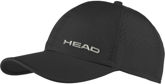 The HEAD Pro Player Tennis Cap - Black by HEAD features a curved brim, white "HEAD" logo on the front, side ventilation holes, and UV protection for lightweight comfort on and off the court.